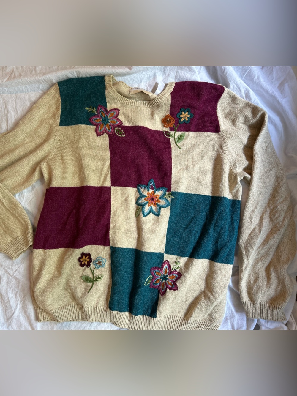 Grandma Sweater with Teal & Plum Color Blocking and Floral Embroidery